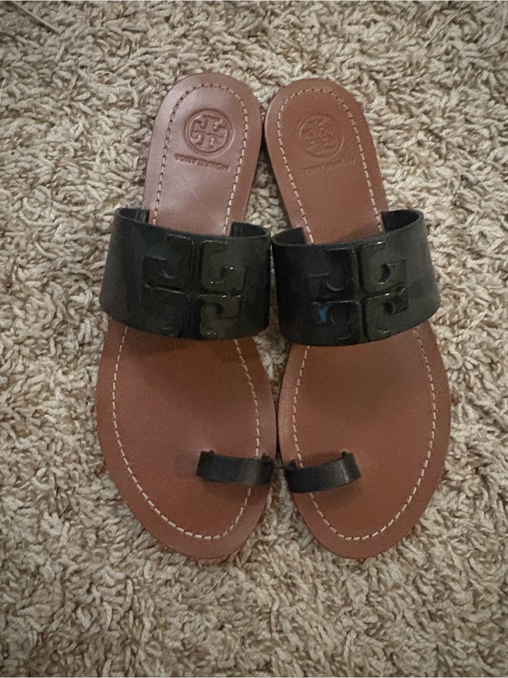 Tory Burch Brown Leather Toe-Loop Sandals with Black Logo Strap
